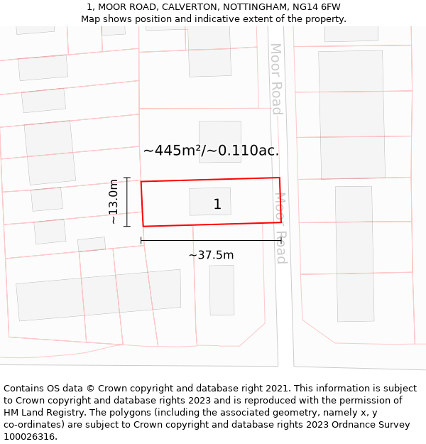 1, MOOR ROAD, CALVERTON, NOTTINGHAM, NG14 6FW: Plot and title map