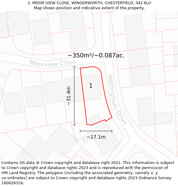 1, MOOR VIEW CLOSE, WINGERWORTH, CHESTERFIELD, S42 6LU: Plot and title map