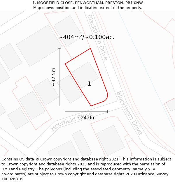 1, MOORFIELD CLOSE, PENWORTHAM, PRESTON, PR1 0NW: Plot and title map