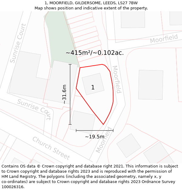 1, MOORFIELD, GILDERSOME, LEEDS, LS27 7BW: Plot and title map