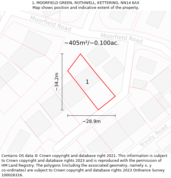 1, MOORFIELD GREEN, ROTHWELL, KETTERING, NN14 6AX: Plot and title map