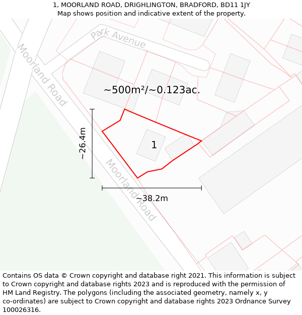 1, MOORLAND ROAD, DRIGHLINGTON, BRADFORD, BD11 1JY: Plot and title map