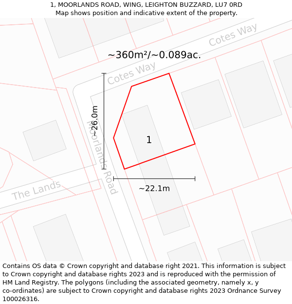 1, MOORLANDS ROAD, WING, LEIGHTON BUZZARD, LU7 0RD: Plot and title map