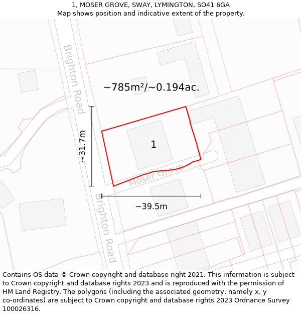 1, MOSER GROVE, SWAY, LYMINGTON, SO41 6GA: Plot and title map