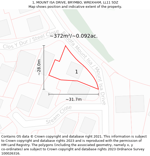 1, MOUNT ISA DRIVE, BRYMBO, WREXHAM, LL11 5DZ: Plot and title map