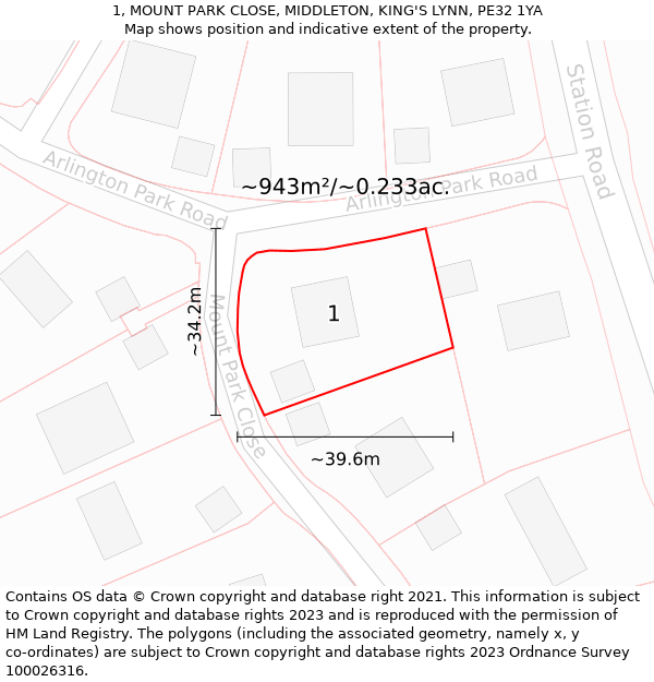 1, MOUNT PARK CLOSE, MIDDLETON, KING'S LYNN, PE32 1YA: Plot and title map