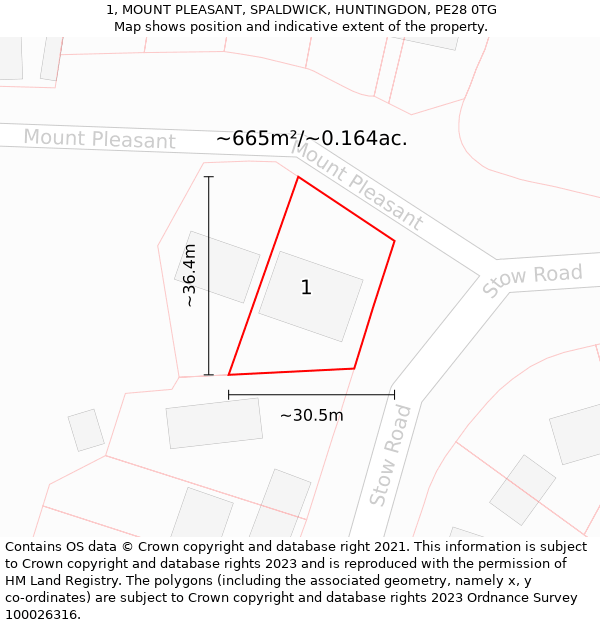 1, MOUNT PLEASANT, SPALDWICK, HUNTINGDON, PE28 0TG: Plot and title map