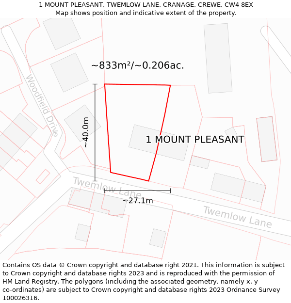 1 MOUNT PLEASANT, TWEMLOW LANE, CRANAGE, CREWE, CW4 8EX: Plot and title map