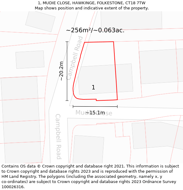 1, MUDIE CLOSE, HAWKINGE, FOLKESTONE, CT18 7TW: Plot and title map