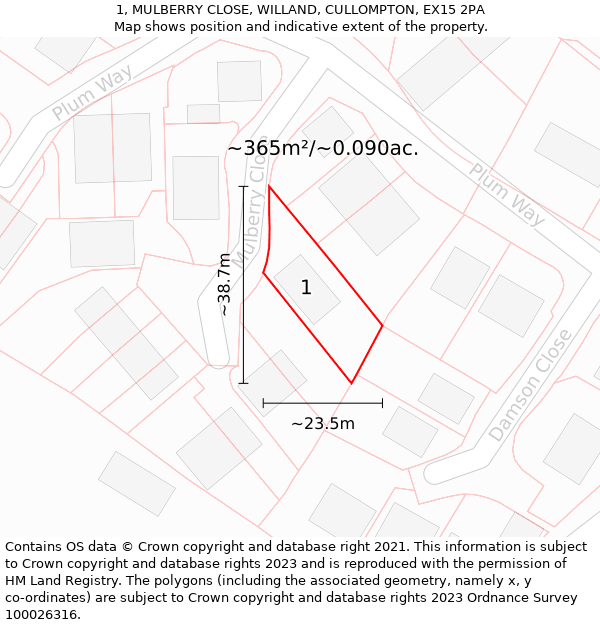 1, MULBERRY CLOSE, WILLAND, CULLOMPTON, EX15 2PA: Plot and title map