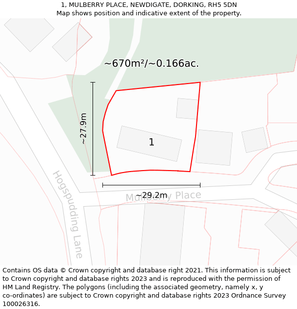 1, MULBERRY PLACE, NEWDIGATE, DORKING, RH5 5DN: Plot and title map