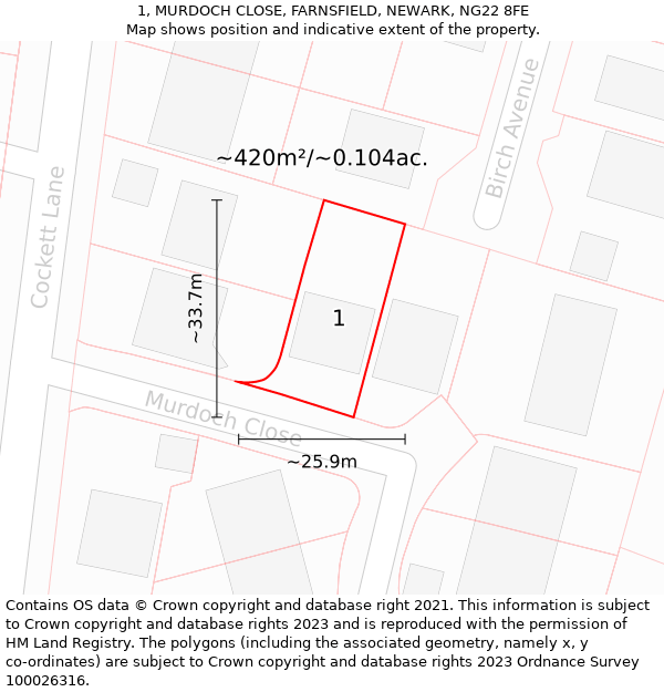 1, MURDOCH CLOSE, FARNSFIELD, NEWARK, NG22 8FE: Plot and title map