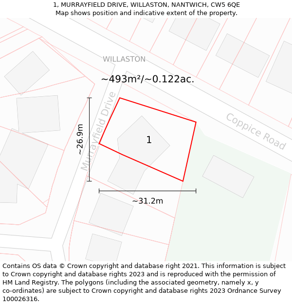 1, MURRAYFIELD DRIVE, WILLASTON, NANTWICH, CW5 6QE: Plot and title map