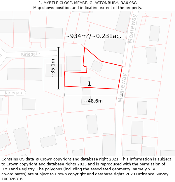 1, MYRTLE CLOSE, MEARE, GLASTONBURY, BA6 9SG: Plot and title map