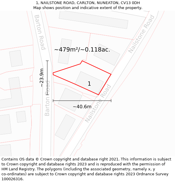 1, NAILSTONE ROAD, CARLTON, NUNEATON, CV13 0DH: Plot and title map