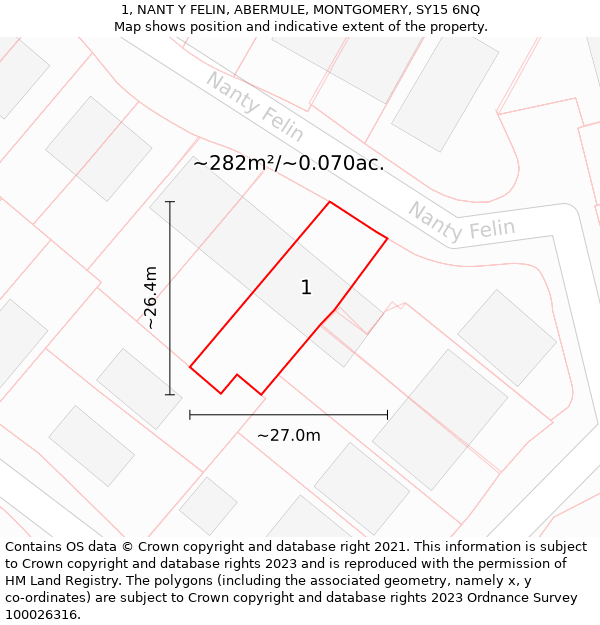 1, NANT Y FELIN, ABERMULE, MONTGOMERY, SY15 6NQ: Plot and title map