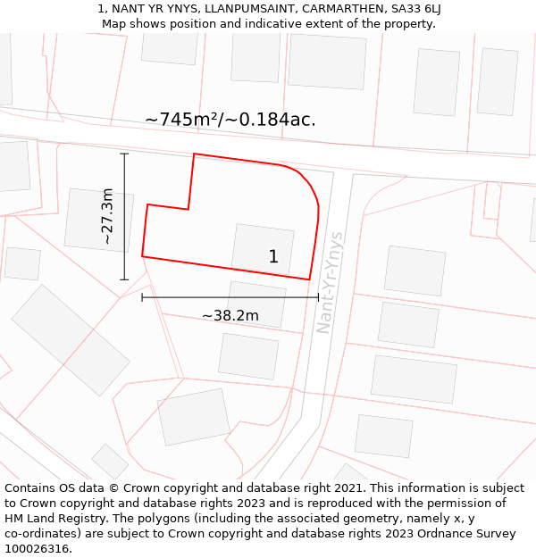 1, NANT YR YNYS, LLANPUMSAINT, CARMARTHEN, SA33 6LJ: Plot and title map