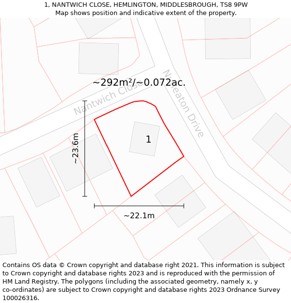 1, NANTWICH CLOSE, HEMLINGTON, MIDDLESBROUGH, TS8 9PW: Plot and title map