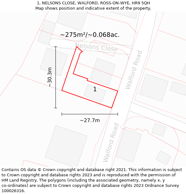 1, NELSONS CLOSE, WALFORD, ROSS-ON-WYE, HR9 5QH: Plot and title map