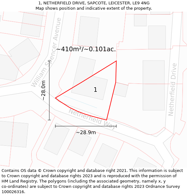 1, NETHERFIELD DRIVE, SAPCOTE, LEICESTER, LE9 4NG: Plot and title map