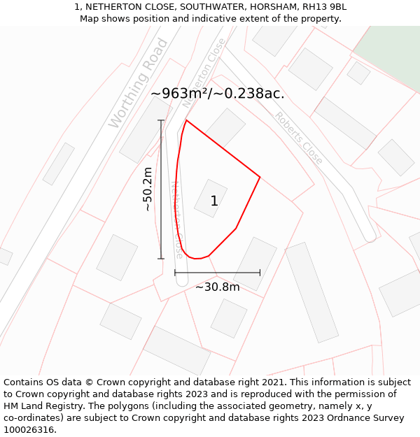 1, NETHERTON CLOSE, SOUTHWATER, HORSHAM, RH13 9BL: Plot and title map