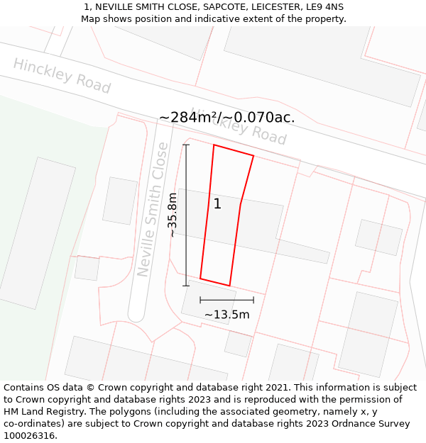 1, NEVILLE SMITH CLOSE, SAPCOTE, LEICESTER, LE9 4NS: Plot and title map