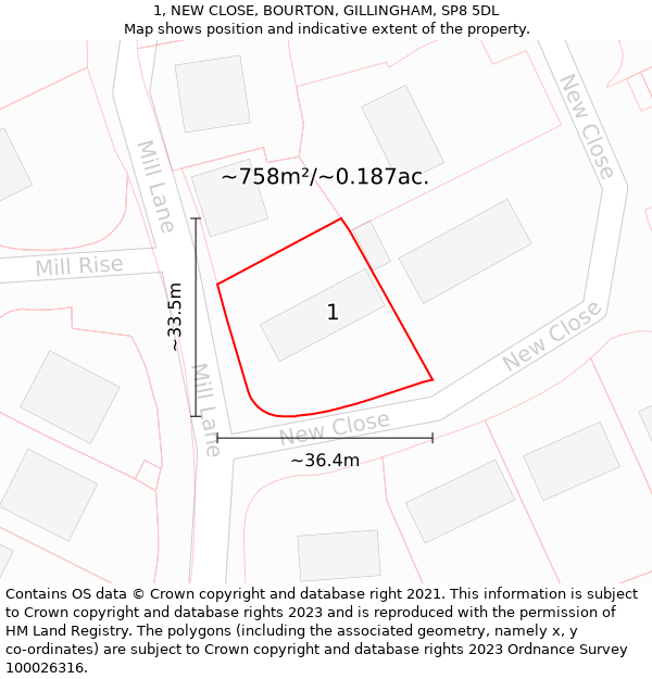 1, NEW CLOSE, BOURTON, GILLINGHAM, SP8 5DL: Plot and title map