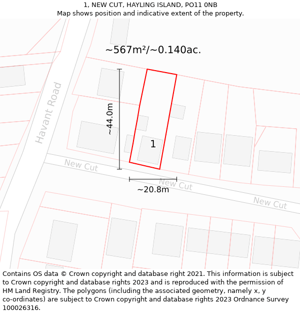 1, NEW CUT, HAYLING ISLAND, PO11 0NB: Plot and title map