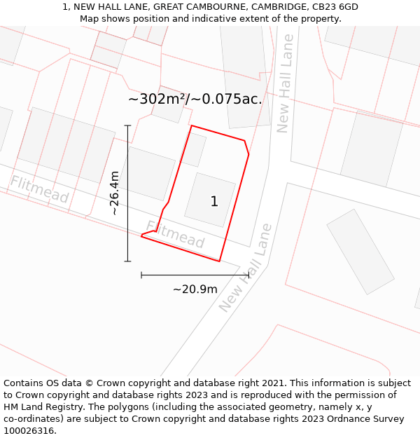 1, NEW HALL LANE, GREAT CAMBOURNE, CAMBRIDGE, CB23 6GD: Plot and title map