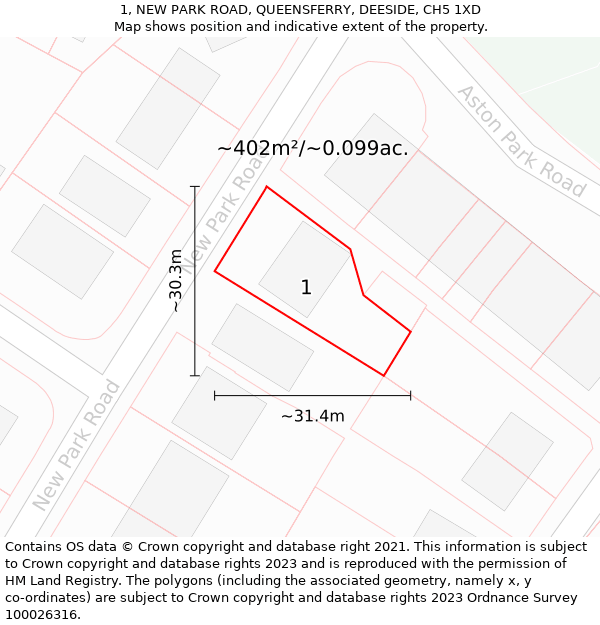 1, NEW PARK ROAD, QUEENSFERRY, DEESIDE, CH5 1XD: Plot and title map