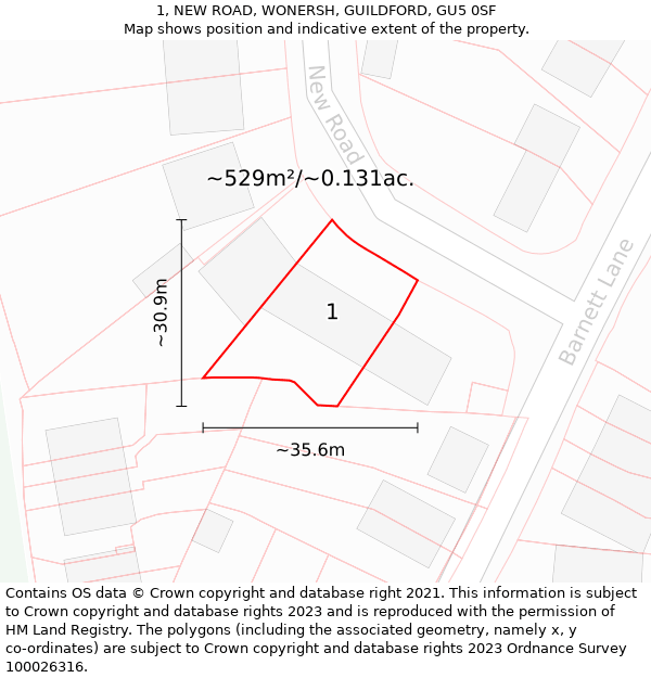 1, NEW ROAD, WONERSH, GUILDFORD, GU5 0SF: Plot and title map