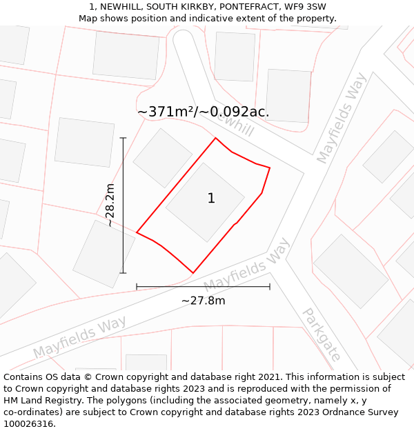 1, NEWHILL, SOUTH KIRKBY, PONTEFRACT, WF9 3SW: Plot and title map