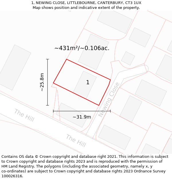 1, NEWING CLOSE, LITTLEBOURNE, CANTERBURY, CT3 1UX: Plot and title map