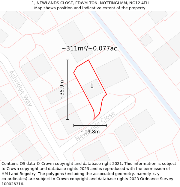 1, NEWLANDS CLOSE, EDWALTON, NOTTINGHAM, NG12 4FH: Plot and title map