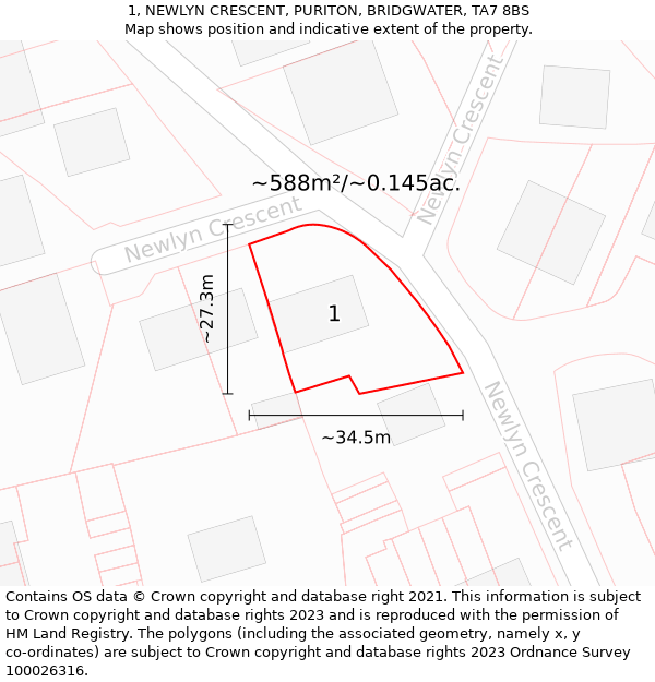 1, NEWLYN CRESCENT, PURITON, BRIDGWATER, TA7 8BS: Plot and title map