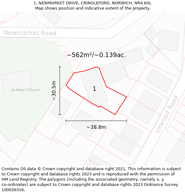 1, NEWMARKET DRIVE, CRINGLEFORD, NORWICH, NR4 6XL: Plot and title map