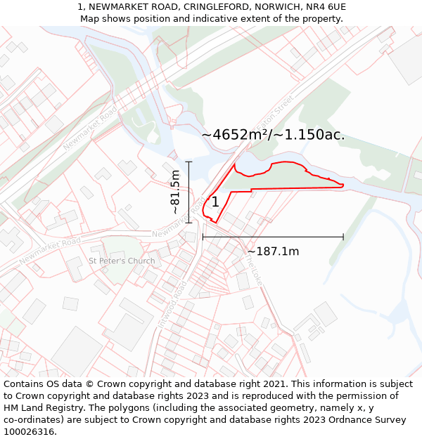 1, NEWMARKET ROAD, CRINGLEFORD, NORWICH, NR4 6UE: Plot and title map