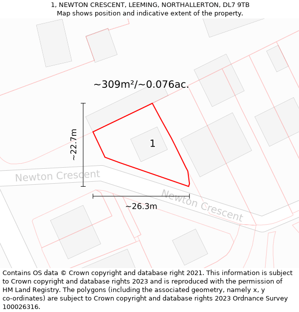 1, NEWTON CRESCENT, LEEMING, NORTHALLERTON, DL7 9TB: Plot and title map