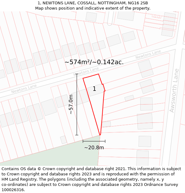 1, NEWTONS LANE, COSSALL, NOTTINGHAM, NG16 2SB: Plot and title map