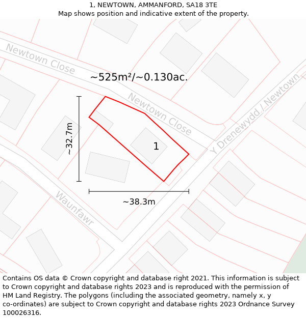 1, NEWTOWN, AMMANFORD, SA18 3TE: Plot and title map