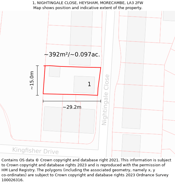 1, NIGHTINGALE CLOSE, HEYSHAM, MORECAMBE, LA3 2FW: Plot and title map