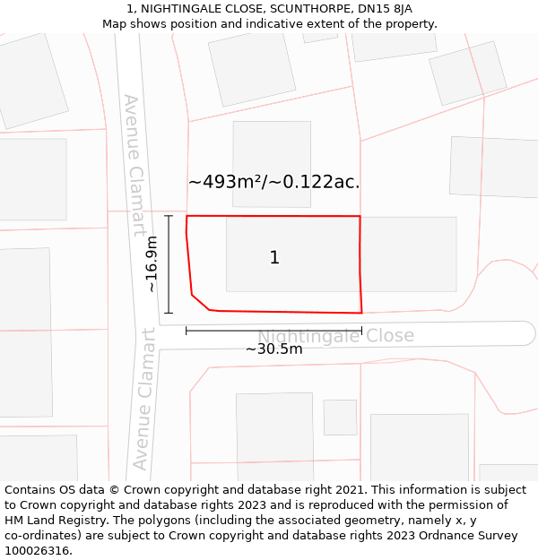 1, NIGHTINGALE CLOSE, SCUNTHORPE, DN15 8JA: Plot and title map