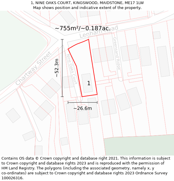 1, NINE OAKS COURT, KINGSWOOD, MAIDSTONE, ME17 1LW: Plot and title map