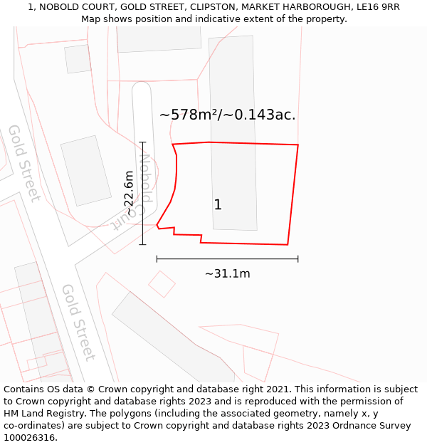 1, NOBOLD COURT, GOLD STREET, CLIPSTON, MARKET HARBOROUGH, LE16 9RR: Plot and title map