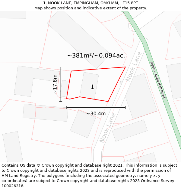 1, NOOK LANE, EMPINGHAM, OAKHAM, LE15 8PT: Plot and title map