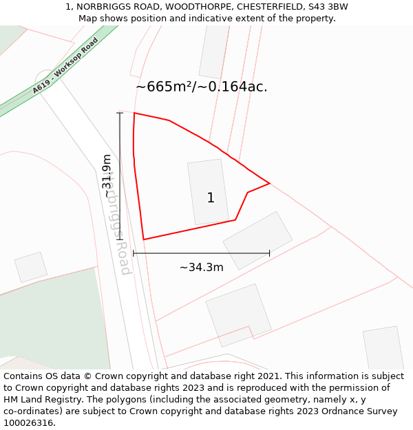 1, NORBRIGGS ROAD, WOODTHORPE, CHESTERFIELD, S43 3BW: Plot and title map