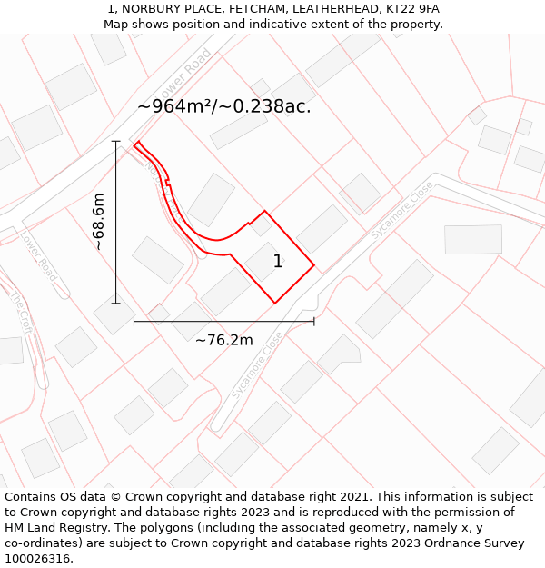 1, NORBURY PLACE, FETCHAM, LEATHERHEAD, KT22 9FA: Plot and title map
