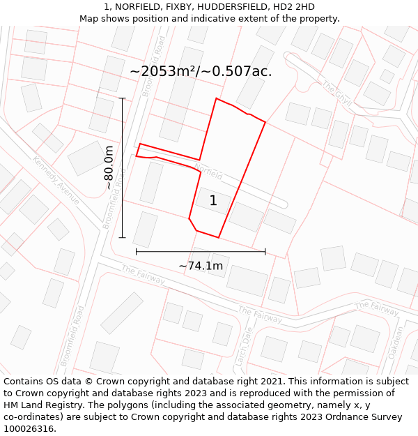 1, NORFIELD, FIXBY, HUDDERSFIELD, HD2 2HD: Plot and title map