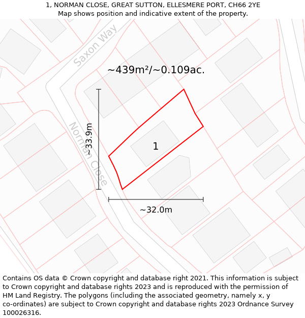 1, NORMAN CLOSE, GREAT SUTTON, ELLESMERE PORT, CH66 2YE: Plot and title map