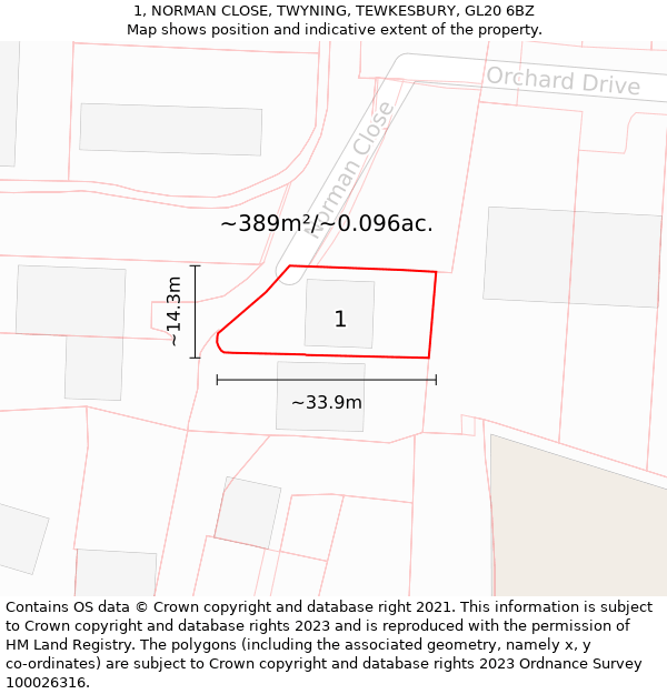 1, NORMAN CLOSE, TWYNING, TEWKESBURY, GL20 6BZ: Plot and title map